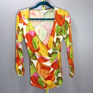 CAbi Watercolor‎ Floral V-Neck Ruched Long Sleeve Top Size M